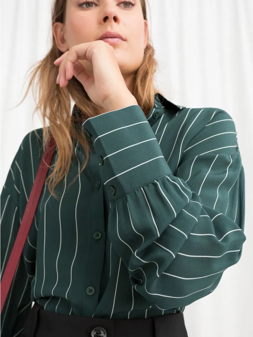 & Other Stories Dark Green Vertical-Stripe Button-Down Silk Shirt - Picture 6 of 8